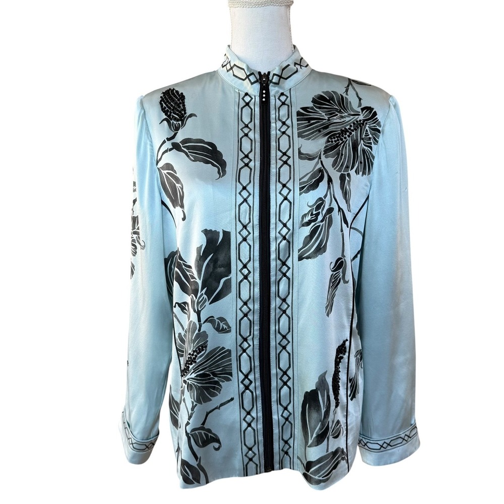 Drapers Studio Silk‎ Floral Zipper Jacket Top Light Blue Black Size 12